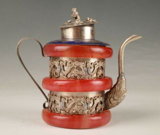 Unique Chinese Tibetan Silver Jade Teapot Model Handicraft Home Decoration Gift
