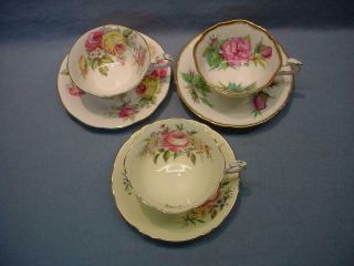 3 English Teacups & Saucers - Paragon,  Roslyn,  Queen Anne