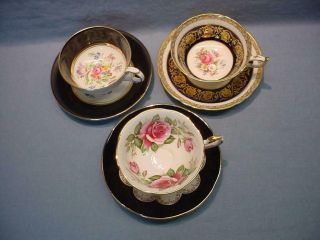 3 English Teacups & Saucers - Clarence,  Queens,  Paragon