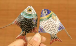 Rare Asian Old Cloisonne Hand Painting Pair Fish Statue Figure Noble Decoratio