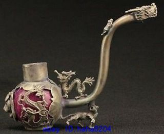 Collectible Decorated Old Handwork Red Jade & Tibet Silver Dragon Smoking Pipe