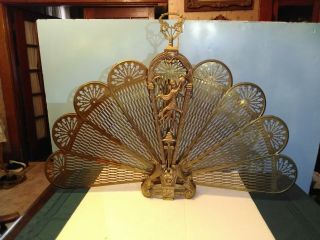 Vintage Antique Ornate Brass Peacock Fireplace Fan Folding Screen Lady Gothic