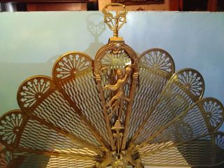 Vintage Antique Ornate Brass Peacock Fireplace Fan Folding Screen Lady Gothic 2