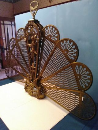 Vintage Antique Ornate Brass Peacock Fireplace Fan Folding Screen Lady Gothic 3