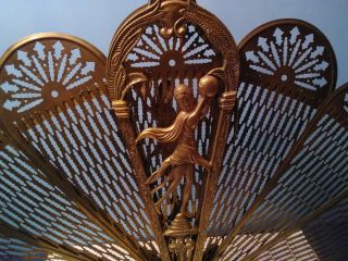 Vintage Antique Ornate Brass Peacock Fireplace Fan Folding Screen Lady Gothic 4