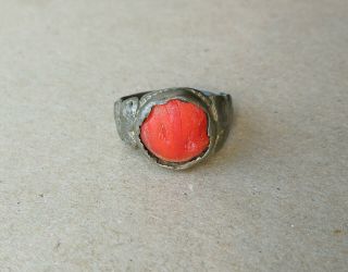 Ancient Viking Old Silver Ring With Red Stone Very Rare