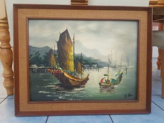 Chinese Oil Painting Water Junk Boat Scene