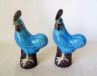 Pair Vintage Chinese Porcelain Chicken Cockerel Figures: Blue Glazed 16 Cm A/f