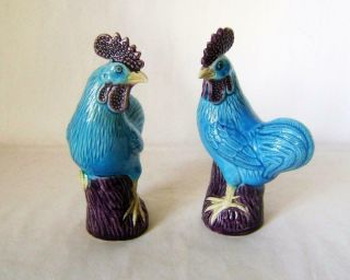 Pair Vintage Chinese Porcelain Chicken Cockerel Figures: Blue Glazed 16 cm A/F 2