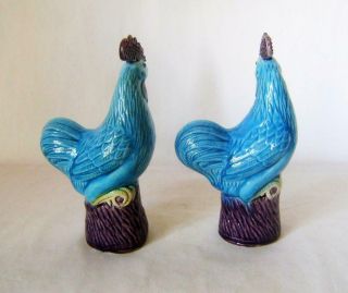 Pair Vintage Chinese Porcelain Chicken Cockerel Figures: Blue Glazed 16 cm A/F 4