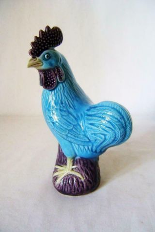 Pair Vintage Chinese Porcelain Chicken Cockerel Figures: Blue Glazed 16 cm A/F 6