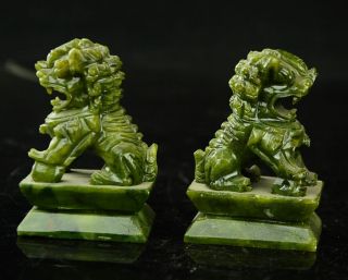 China Rare A 100 natural green jade hand - carved statues fo dog lion 5