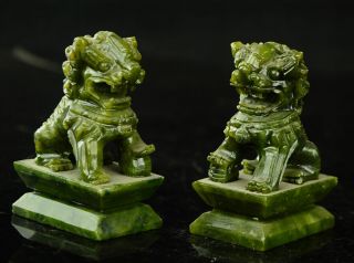 China Rare A 100 natural green jade hand - carved statues fo dog lion 7