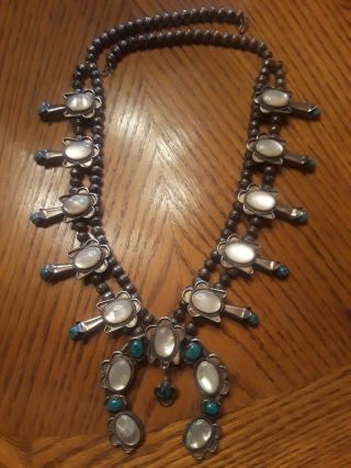 Antique Navajo Squash Blossom Necklace Sterling Seashell Turquoise 234g 28 " Huge