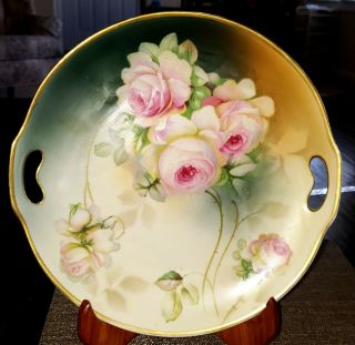 Antique Es Prussia Schlegelmilch Cake Plate With Life Like Pink Roses