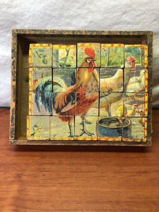 Vintage 1800’s Wooden Cock Blocks Antique Chicken Farm Animals Puzzles Game Toy