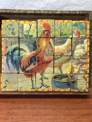 Vintage 1800’s Wooden Cock Blocks Antique Chicken Farm Animals Puzzles Game Toy 2