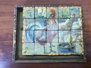 Vintage 1800’s Wooden Cock Blocks Antique Chicken Farm Animals Puzzles Game Toy 3