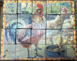 Vintage 1800’s Wooden Cock Blocks Antique Chicken Farm Animals Puzzles Game Toy 4