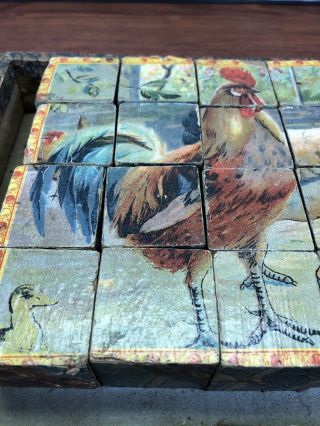 Vintage 1800’s Wooden Cock Blocks Antique Chicken Farm Animals Puzzles Game Toy 8