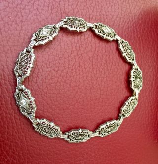 Antique Art Deco Filigree Bracelet 14k White Gold With Three Diamonds