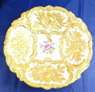 Vintage Antique Meissen 11 " Porcelain Bowl Dish Floral Gold Gilt Raised Flowers