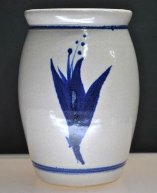 Large Vintage Stoneware Canister / Crock Signed Hand Painted Blue Floral Design