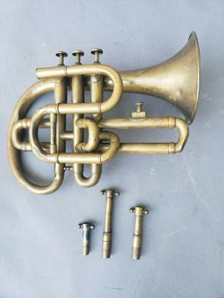 Antique Cornet Trumpet Brass W Three Key Changers Wood Case