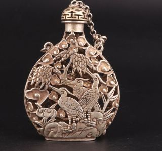 Rare China Tibet Silver Pendant Snuff Bottle Hollowed Out Crane Mascot Gift