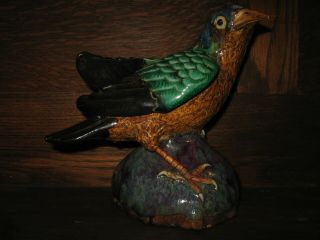 Vintage Chinese Stoneware Bird With Colorful Glaze And Signature