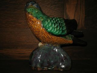 Vintage Chinese Stoneware Bird with Colorful Glaze and Signature 3