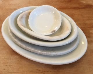 5 Vtg Antique White Ironstone Farmhouse Primitive Stack Small Oval Dishes Patina