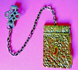 Antique 19th C,  Chatelain Brass Aid Memoir Note Book & Pencil On Belt Hook Chain.