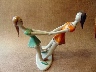 Vintage Porcelain Hungarian Hollohaza Art Deco Sweet Spinning Girls Handpainted