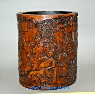 Exquisite Chinese Bamboo Pen Holder Hand Carved Old Man Landscap Brush Pot