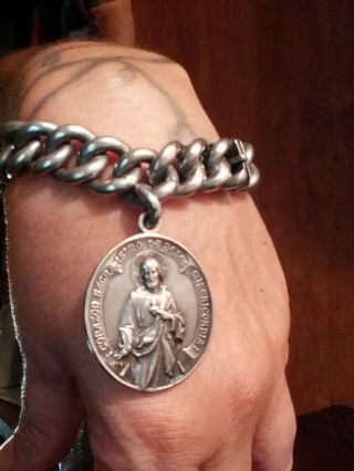 Vintage Spanish Sacred Heart Of Jesus/guadeloupe Mens Heavy 900 Silver Bracelet