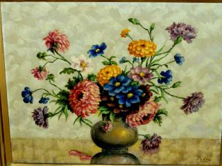 Antique Vintage Petry Oil Canvas Painting: Blue Red Orange Flower Vase