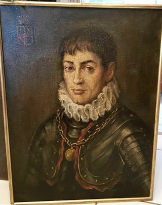 Antique Baroque Oil Painting On Canvas " Portrait Of A Noble Knight " 1600 - 1700