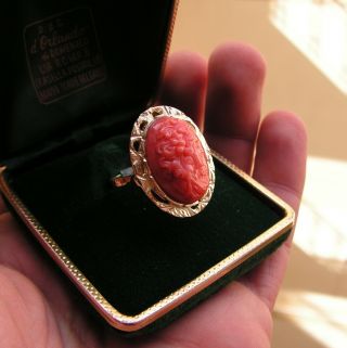 Large Heavy Natural Red Coral 18k Yellow Gold Cocktail Ring Estate Cameo Carved