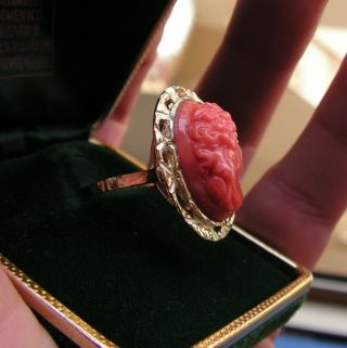 LARGE HEAVY NATURAL RED CORAL 18K YELLOW GOLD COCKTAIL RING ESTATE CAMEO CARVED 5