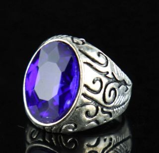 Collect Tibet Silver Carved Special Characters Inlay Blue Crystal Delicate Ring