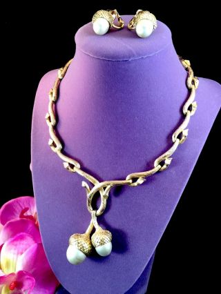 Rare 1960’s Crown Trifari Gold - Tone Branch Necklace Acorn Pendant Earrings Set