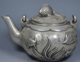 Chinese Collectable Handwork Old Miao Silver Carve Goldfish Swimm Royal Tea Pots