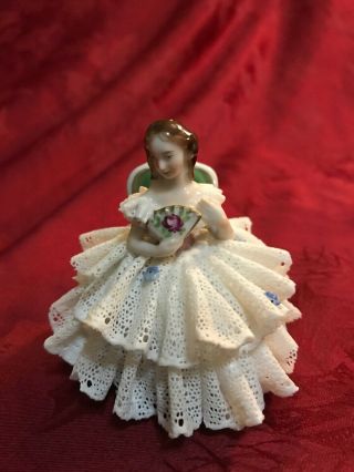 Aelteste Volkstedter Dresden Porcelain Lace Figurine Seated Lady With Fan