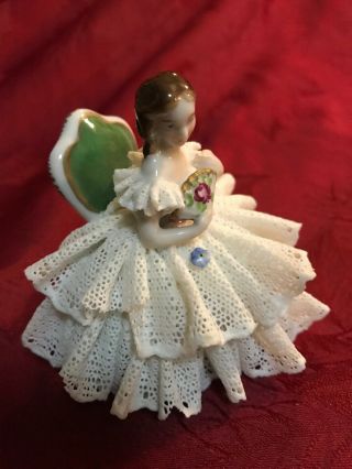 Aelteste Volkstedter Dresden Porcelain Lace Figurine Seated Lady With Fan 2