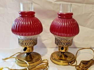 Vintage Set Of 2 Brass Red Glass Table Lamps Small