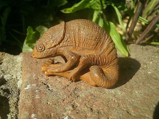 Hand Carved Wood Netsuke Chameleon Lizard On Branch Collectable Reptile Figure 2