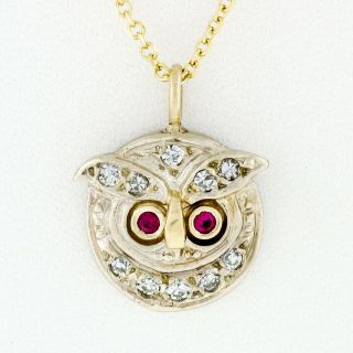 Antique 14k Yellow Gold.  20ctw Ruby & Diamond Owl Head Cluster Pendant Necklace