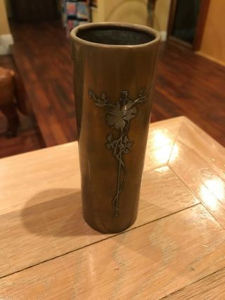 Heintz 6” Vase Floral Silver Overlay On Bronze Art Metal