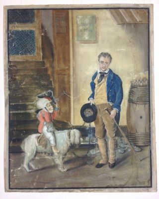 Antique 18th - 19th C French Singerie Painting Monkey Riding Dog Whimsical Satire